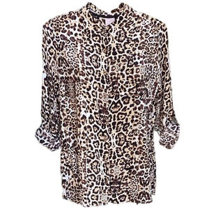 Button Up Blouse Animal Print Conv. Sleeve Womans Small 4-6 Runs Big White Stag